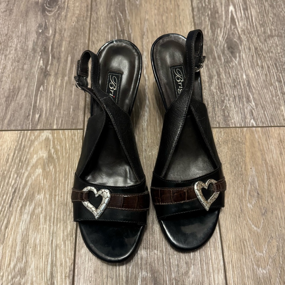 Brighton RALLY Black/Brown Leather Cork Wedge Heel Sling Back Sandals 6.5 Heart